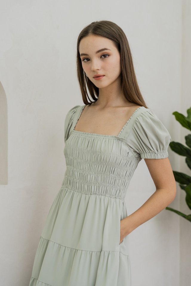 Shyla Smocked Tiered Maxi Dress In Sage