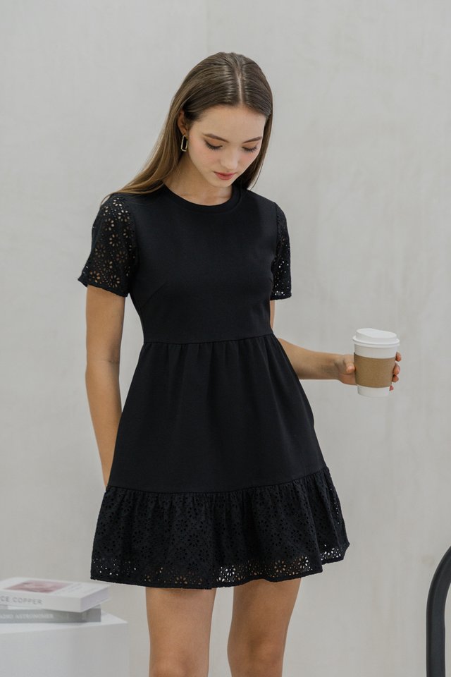 Elyn Eyelet Cotton Tiered Dress in Black