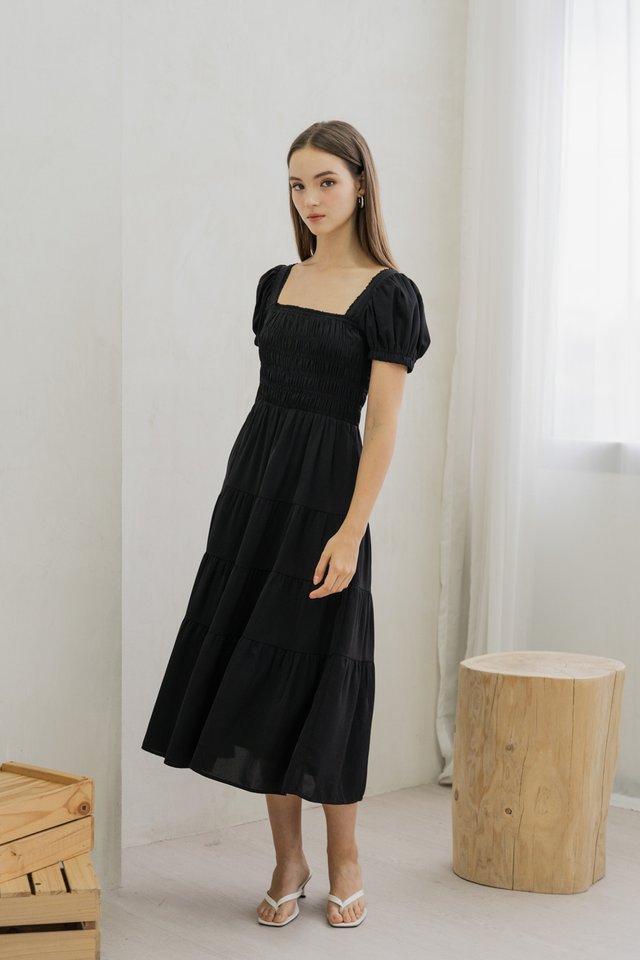 Shyla Smocked Tiered Maxi Dress In Black