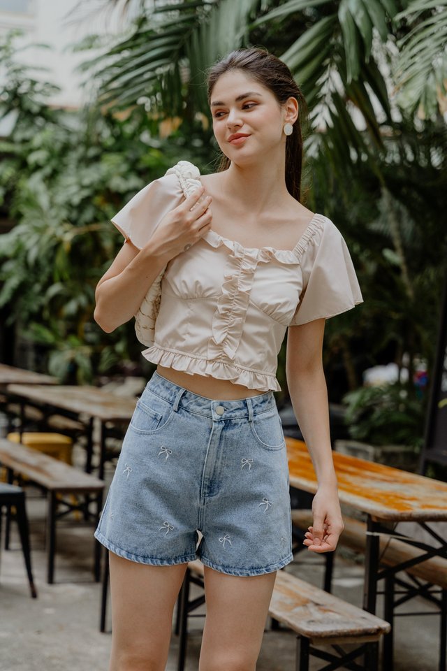 Delancie Ribbon Embroidery Denim Short