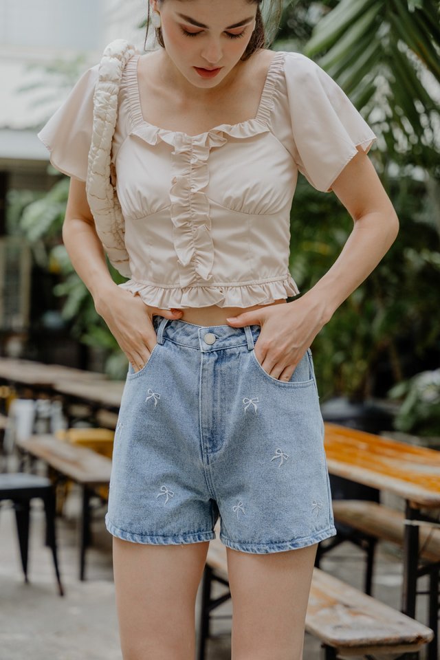 Delancie Ribbon Embroidery Denim Short