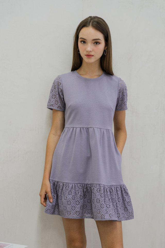 Elyn Eyelet Cotton Tiered Dress In Lilac Grey