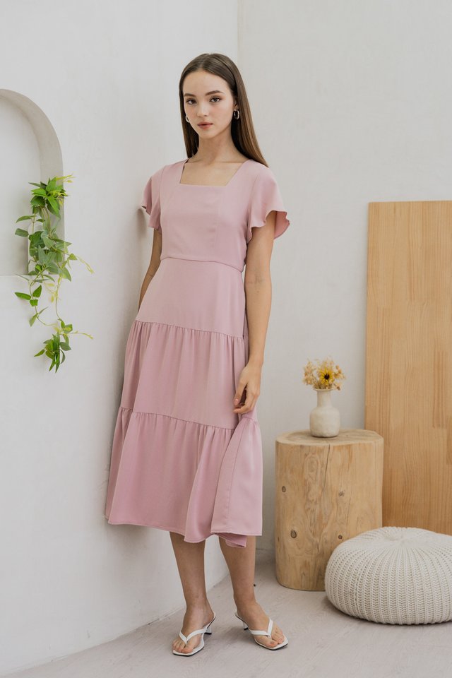 Faron Flare Sleeve Tiered Midi Dress In Pink