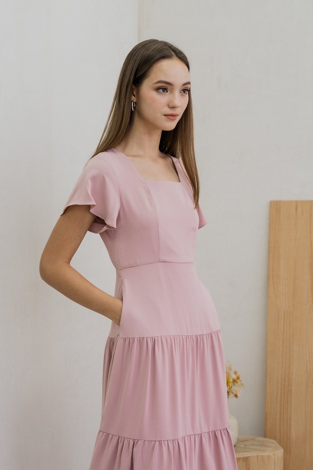 Faron Flare Sleeve Tiered Midi Dress In Pink