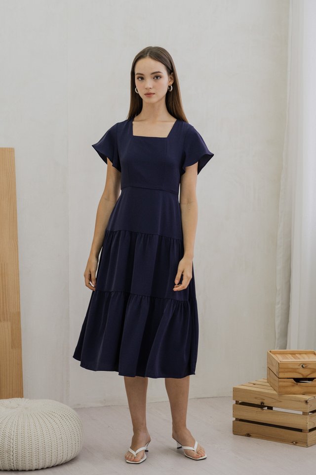 Faron Flare Sleeve Tiered Midi Dress In Navy