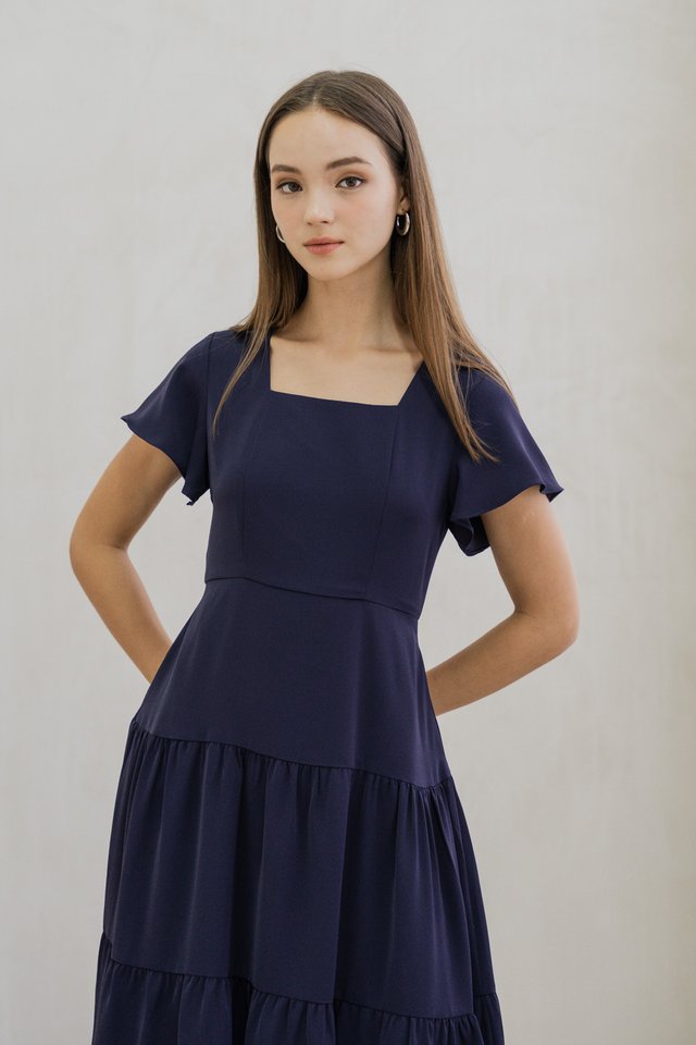 Faron Flare Sleeve Tiered Midi Dress In Navy