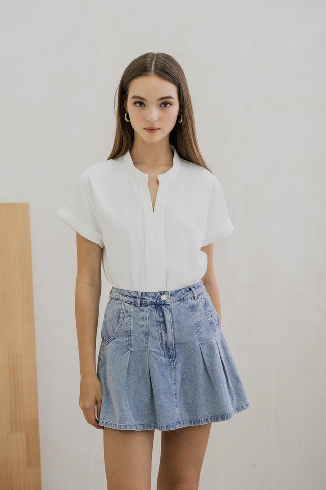 Merie Mandarin Collar Top In White