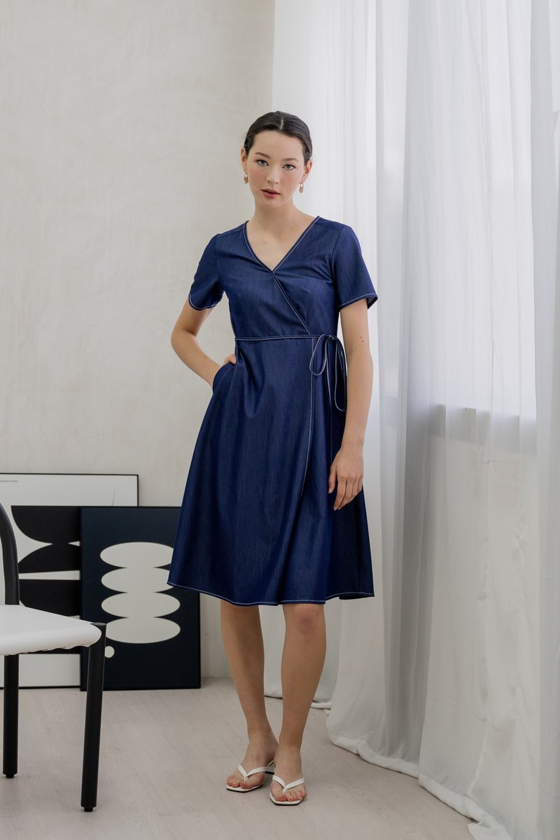 Finn Faux Wrap Midi Dress In Denim Blue