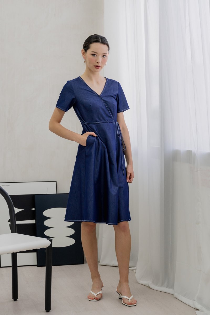 Finn Faux Wrap Midi Dress In Denim Blue