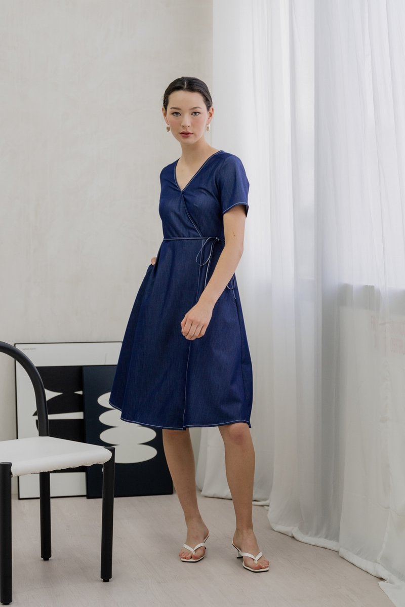 Finn Faux Wrap Midi Dress In Denim Blue