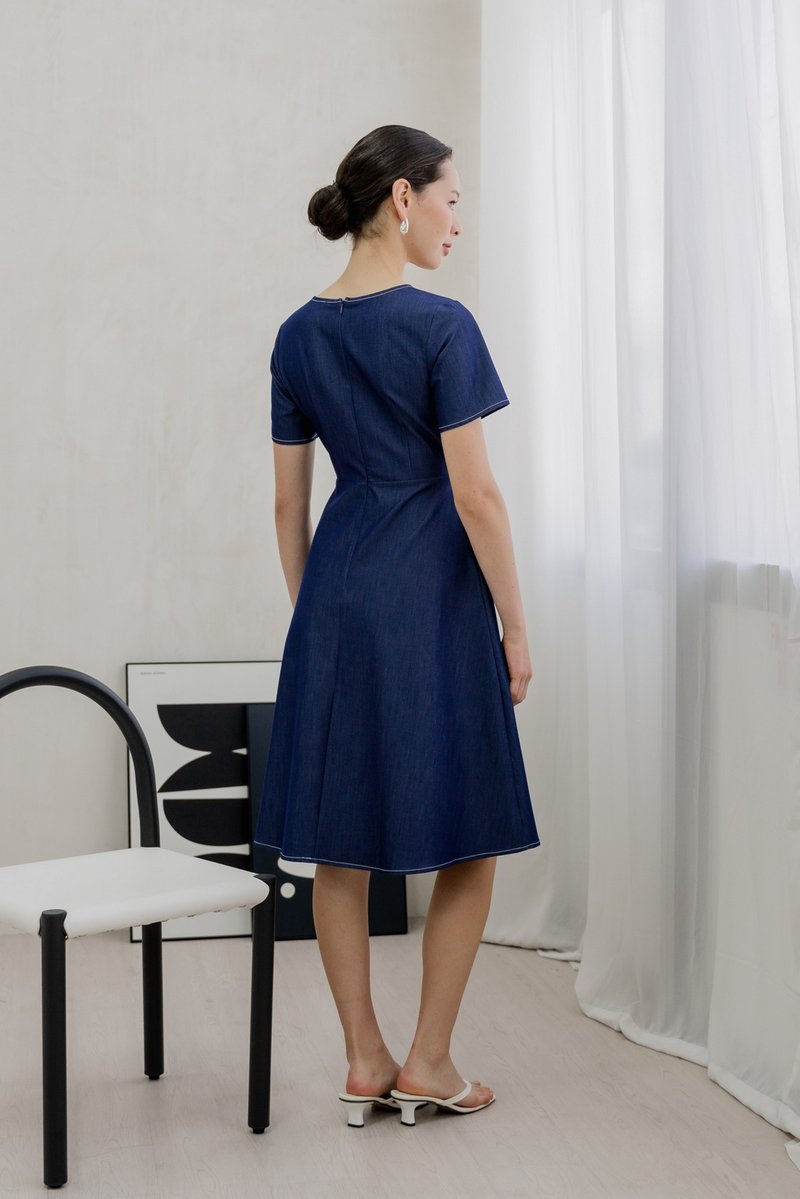 Finn Faux Wrap Midi Dress In Denim Blue