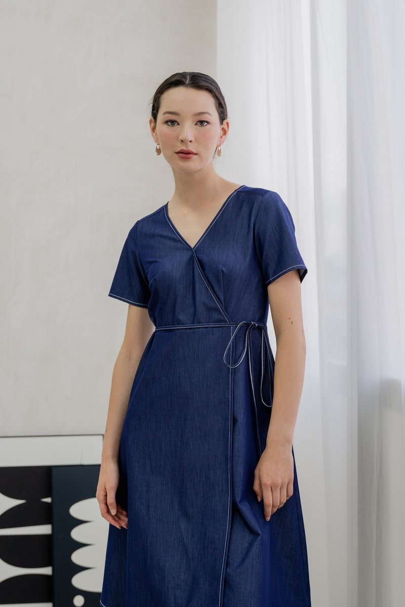Finn Faux Wrap Midi Dress In Denim Blue