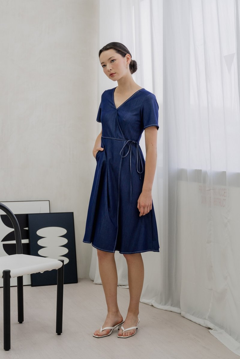 Finn Faux Wrap Midi Dress In Denim Blue