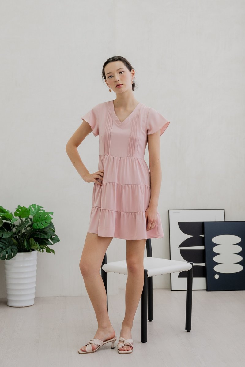 Vivi Pleated Tiered Dress In Pink (XS)