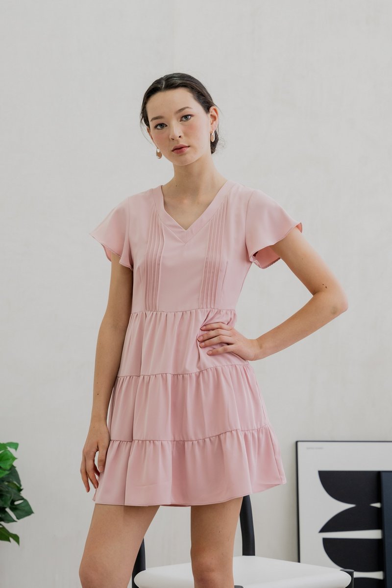 Vivi Pleated Tiered Dress In Pink (XS)