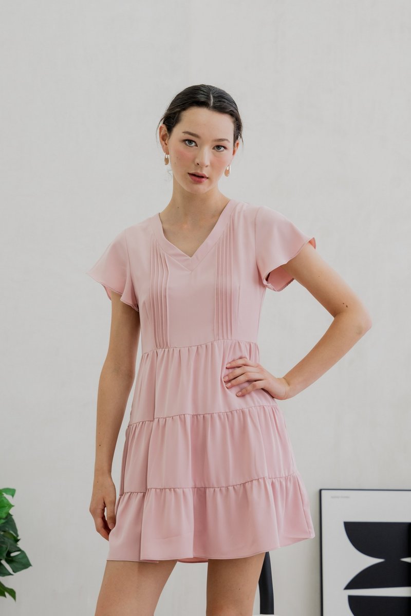 Vivi Pleated Tiered Dress In Pink (XS)