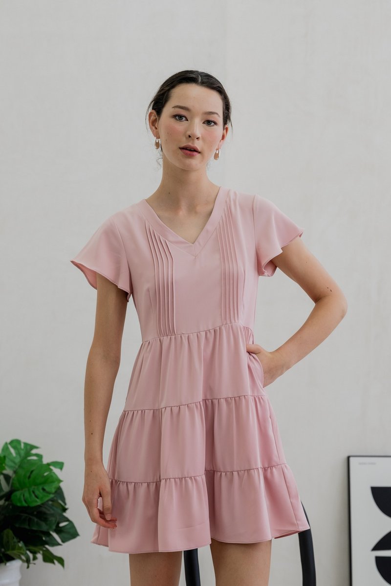 Vivi Pleated Tiered Dress In Pink (XS)