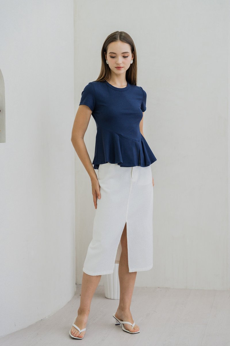 Pansy Cotton Peplum Top In Navy