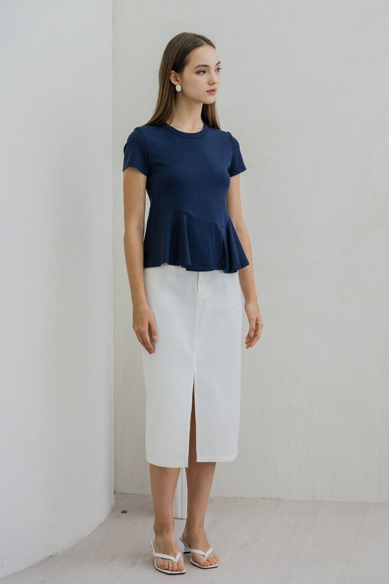 Pansy Cotton Peplum Top In Navy
