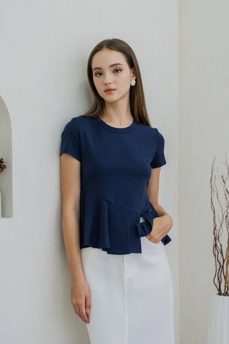 Pansy Cotton Peplum Top In Navy