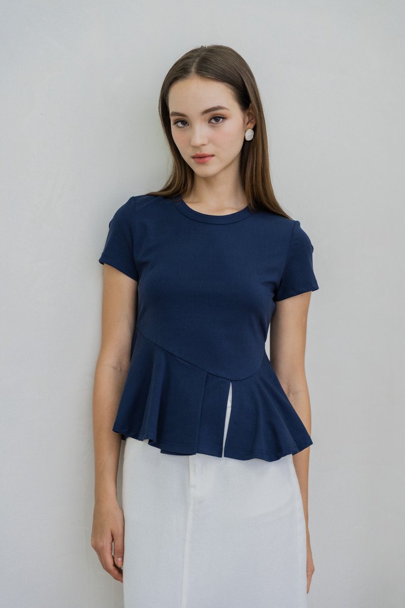 Pansy Cotton Peplum Top In Navy