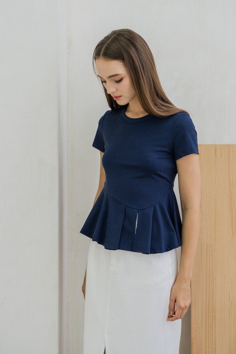 Pansy Cotton Peplum Top In Navy
