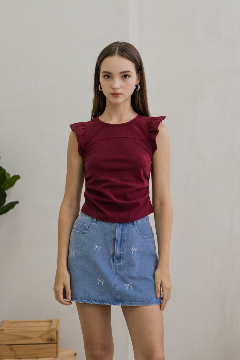 Roxanne Side Ruched Cotton Top In Wine