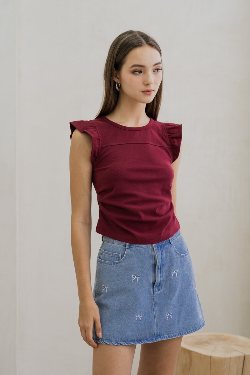 Roxanne Side Ruched Cotton Top In Wine