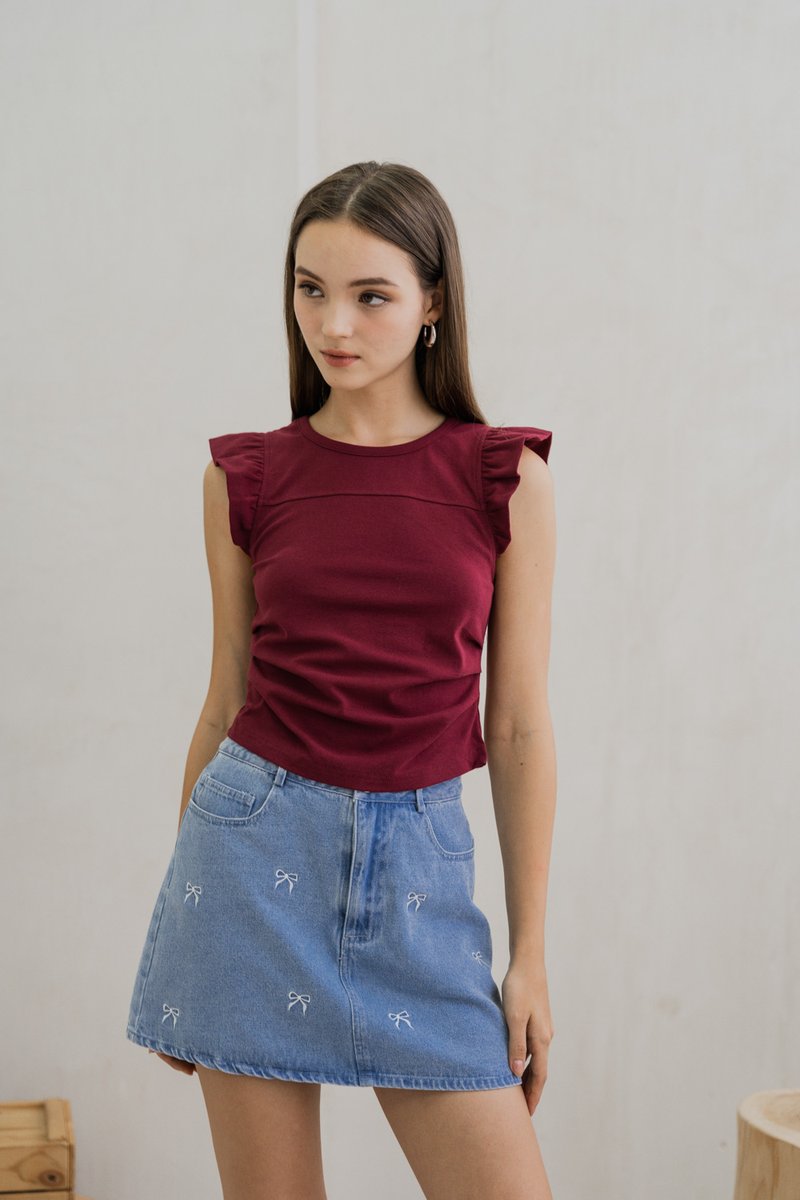 Roxanne Side Ruched Cotton Top In Wine
