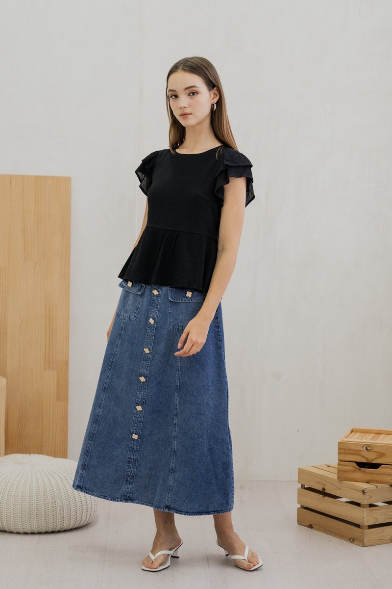 Tricia Flutter Sleeve Top In Black (XS)
