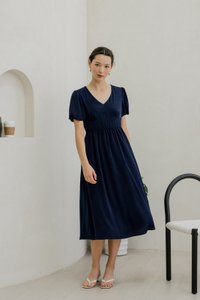 Paisley Puffed Sleeve Empire Midi Dress In Navy (XS)