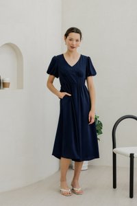 Paisley Puffed Sleeve Empire Midi Dress In Navy (XS)