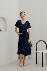 Paisley Puffed Sleeve Empire Midi Dress In Navy (XS)