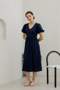 Paisley Puffed Sleeve Empire Midi Dress In Navy (XS)