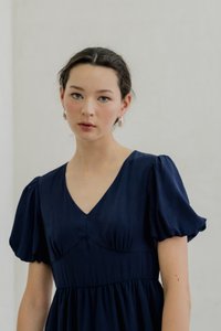 Paisley Puffed Sleeve Empire Midi Dress In Navy (XS)