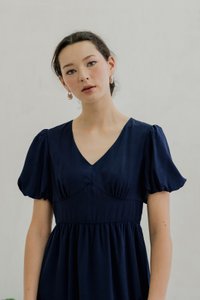 Paisley Puffed Sleeve Empire Midi Dress In Navy (XS)