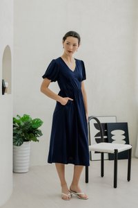 Paisley Puffed Sleeve Empire Midi Dress In Navy (XS)