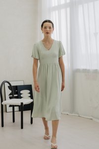 Paisley Puffed Sleeve Empire Midi Dress In Sage