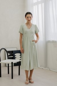 Paisley Puffed Sleeve Empire Midi Dress In Sage
