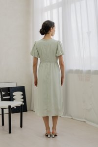 Paisley Puffed Sleeve Empire Midi Dress In Sage