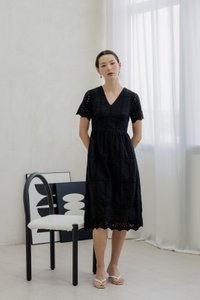 Esme Empire Eyelet Midi Dress In Black (XS)