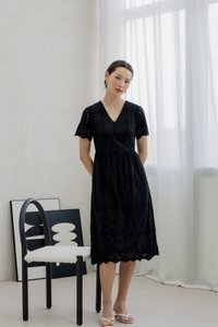 Esme Empire Eyelet Midi Dress In Black (XS)