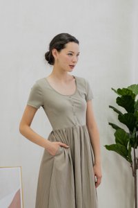 Merliah Mixed Fabric Button Midi Dress In Dusty Olive (XS)