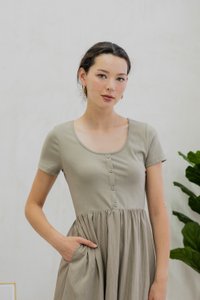 Merliah Mixed Fabric Button Midi Dress In Dusty Olive (XS)