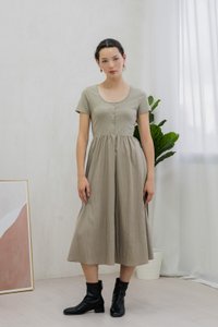 Merliah Mixed Fabric Button Midi Dress In Dusty Olive (XS)