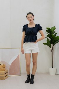 Sora Smocked Waist Eyelet Top In Navy (XS)