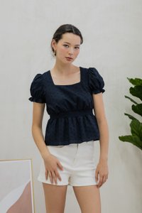 Sora Smocked Waist Eyelet Top In Navy (XS)