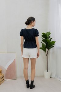 Sora Smocked Waist Eyelet Top In Navy (XS)