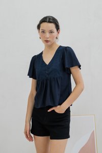 Emi Textured Eyelet Top In Navy (XS)