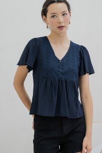 Emi Textured Eyelet Top In Navy (XS)